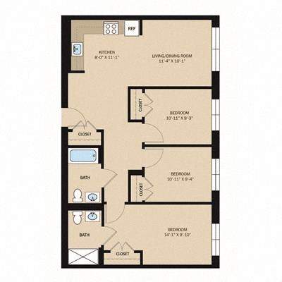 Floor plan for 3 beds, 2 baths, 924 sqft